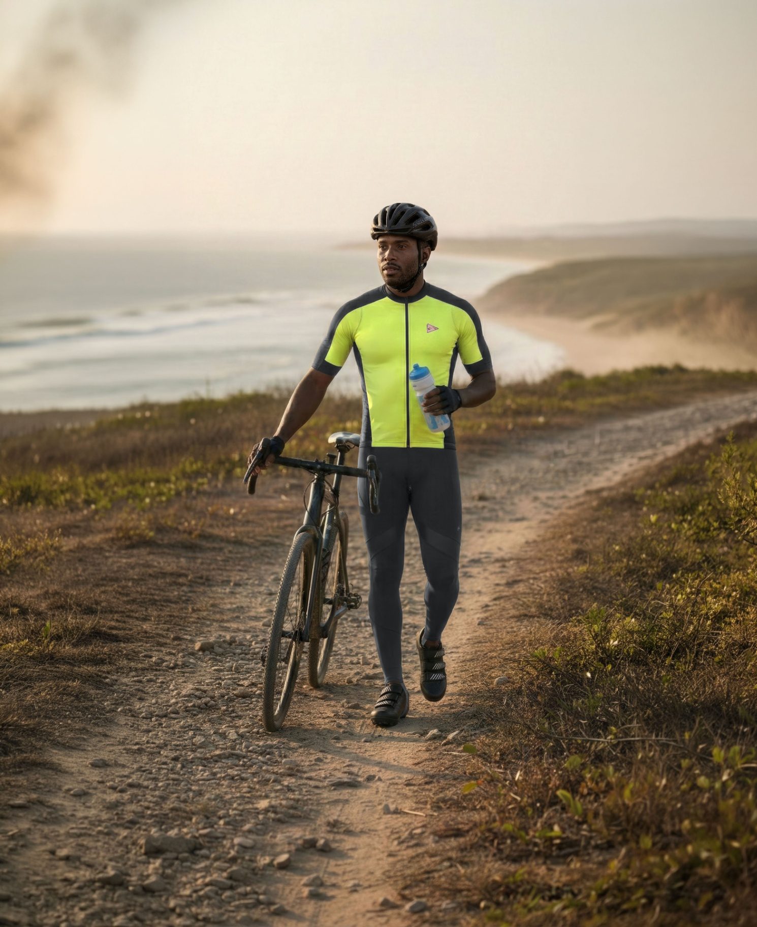 Ciclista com equipamento SOL em estrada de terra