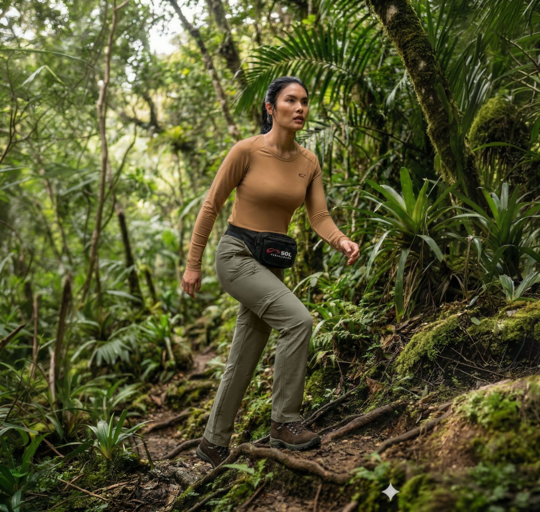 Mulher em trilha na mata atlântica