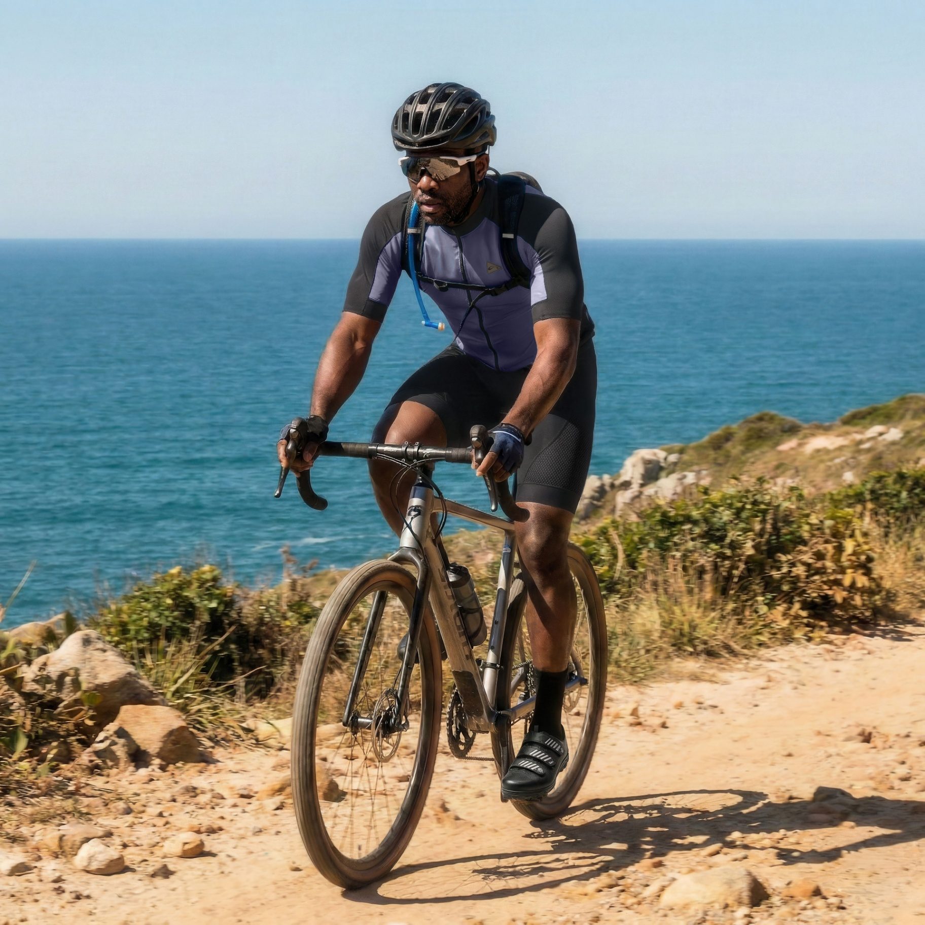 Ciclista masculino em pedal à beira-mar