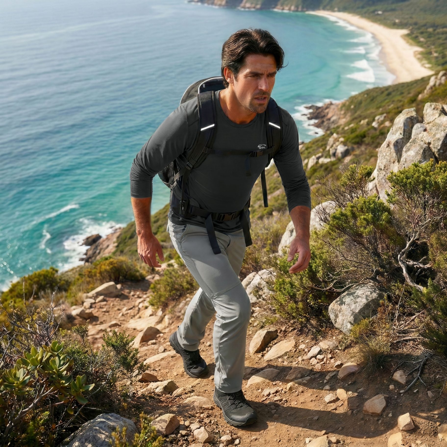 Homem em trilha costeira com mochila SOL